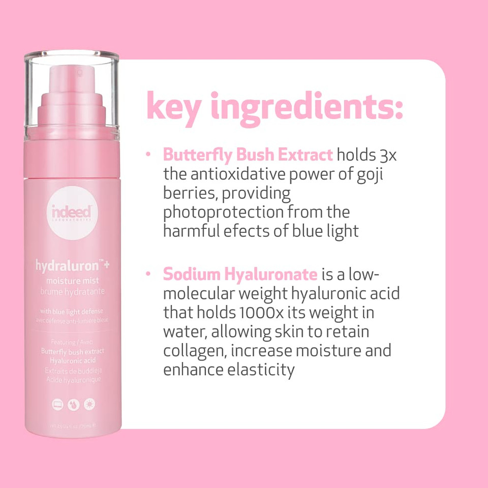 Indeed Labs Hydraluron Moisture Mist With Blue Light Defense Refreshing Facial Spray With Hyaluronic Acid And Butterfly Bush Extract, 5Ml