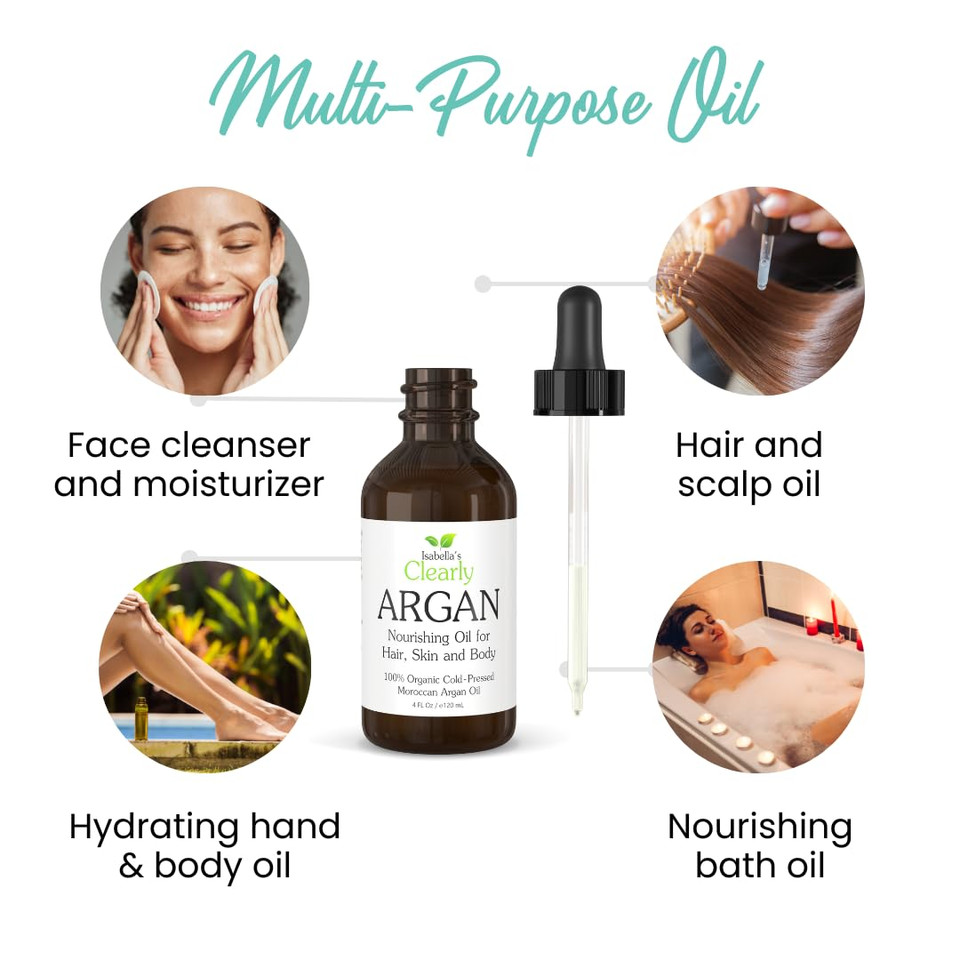 Isabella'S Clearly Organic Argan Oil Of Morocco | 100% Pure Cold Pressed Moroccan Oil For Hair, For Face, For Scalp, For Skin, For Nails And For Body | Virgin, Unrefined, In Glass Bottle (Bulk 4 Oz)