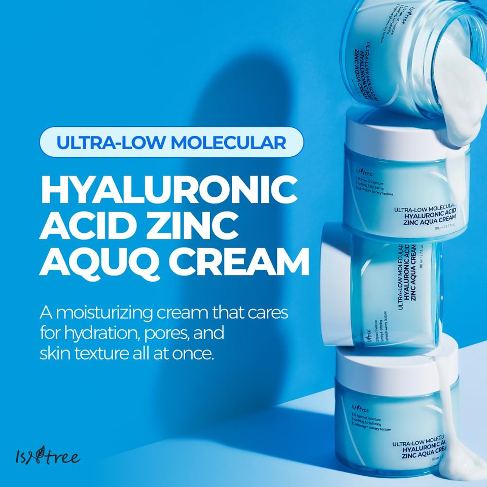 Isntree Ultra-Low Molecular Hyaluronic Acid Zinc Aqua Cream 80Ml, 2.71 Fl Oz | Korean Skincare | Hyaluronic Acid | Pore Care | Cooling Effect | Hydrating Face Moisturizer