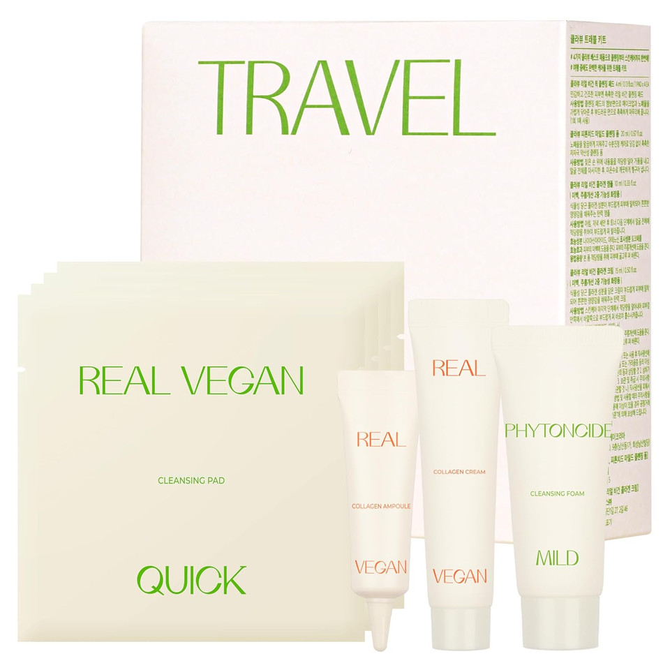 Klavuu Travel Kit  4-Step Korean Skincare Set With Collagen Ampoule, Cream, Cleansing Pads & Foam | Travel Size Gift Set | Vegan | Mini K-Beauty Trial Kit