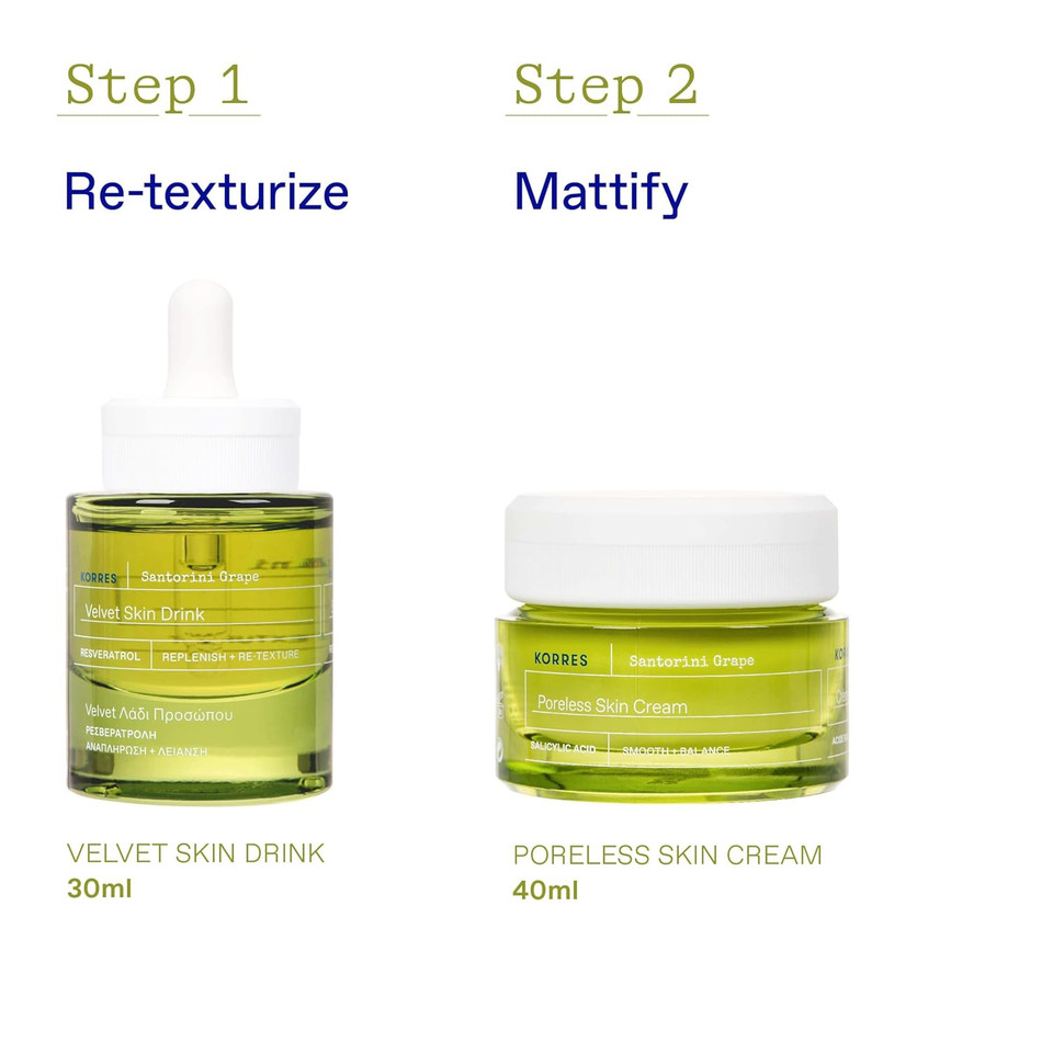 Korres Santorini Grape Duo Regimen Set, Velvet Skin Drink Face Oil & Poreless Skin Cream, Smooth & Hydrate Skin, Refine Pores & Texture, Resveratrol & Salicylic Acid, Vegan, Full Size, 30Ml + 40Ml