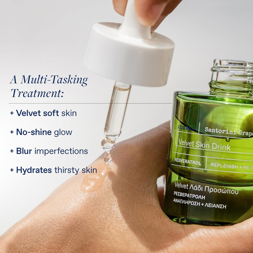 Korres Santorini Grape Velvet Skin Drink, Hydrating Serum With Resveratrol, Grape Extract And Grape Seed Oil For Skin Care, Antioxidant Rich Face Oil To Support Smooth And Replenished Skin, 1 Fl Oz