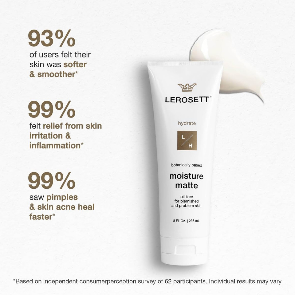 Lerosett Oil-Free Moisturizer For Acne, Moisture Matte For Oily & Sensitive Skin, Vegan Moisturizer, Lightweight & Aloe-Based With Vit-B5 + 7 Soothing Herbals, Non-Comedogenic, Fragrance Free - 3 Oz