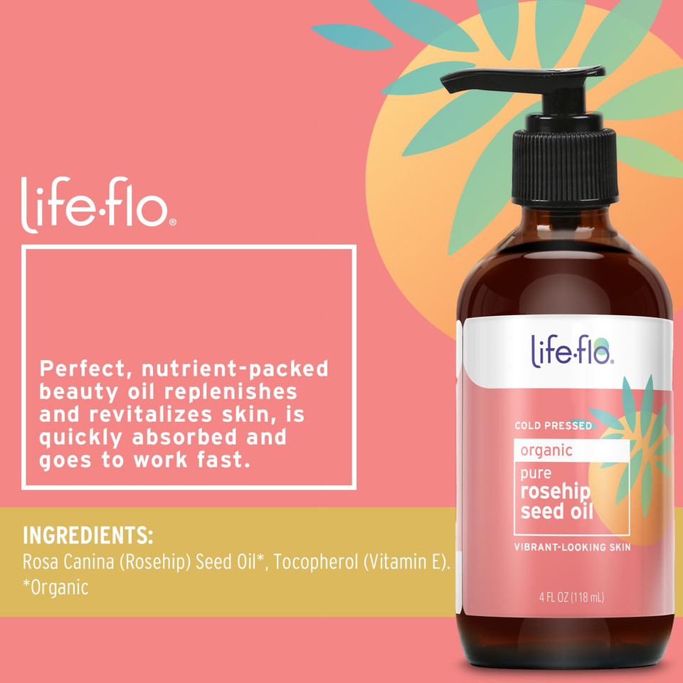 Life-Flo Pure Organic Rosehip Seed Oil, Hydrating Face Oil, Dry Skin Care, Cold Pressed From Organic Rose Hips, Rich In Fatty Acids And Vitamin A (Retinol), Hypoallergenic, 60-Day Guarantee, 4Oz