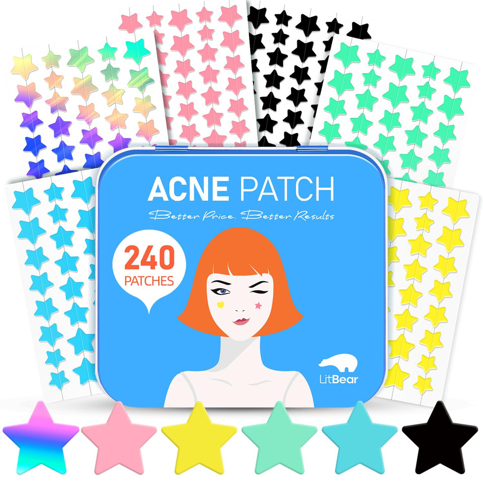 Litbear Acne Patch Pimple Patch, 6 Colors 336 Dots Star Pimple Patches With Tea Tree Oil & Centella Oil, Hydrocolloid Acne Pimple Patches For Face Cute Zit Patches Pimple Stickers Acne Dots
