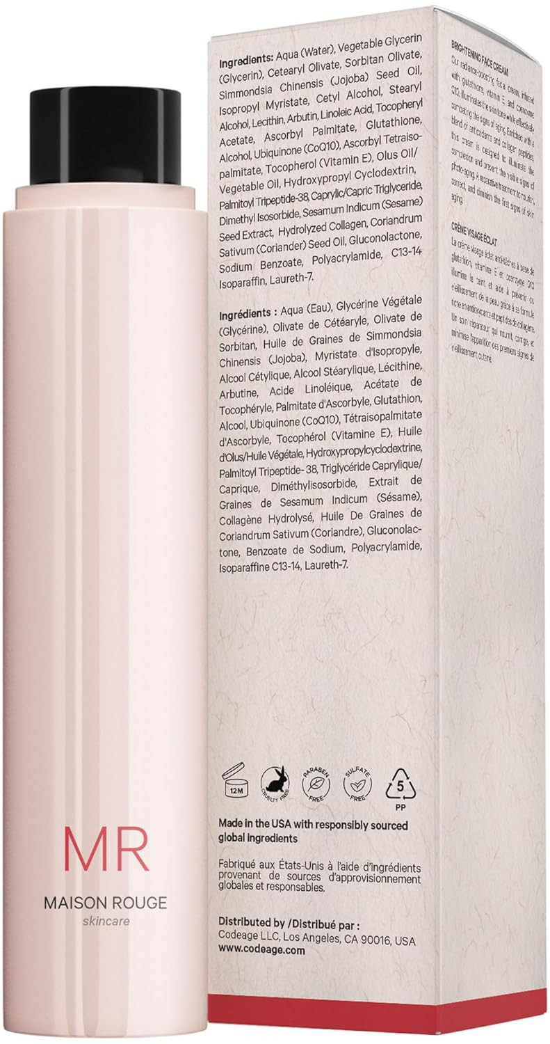 Maison Rouge Brightening Face Cream Refill By Codeage  Glutathione Cream, Collagen Peptides, Vitamin E, Coq10  Radiance & Antioxidant Complex  Paraben And Sulfates Free  Skin Care - 1.7 Fl Oz