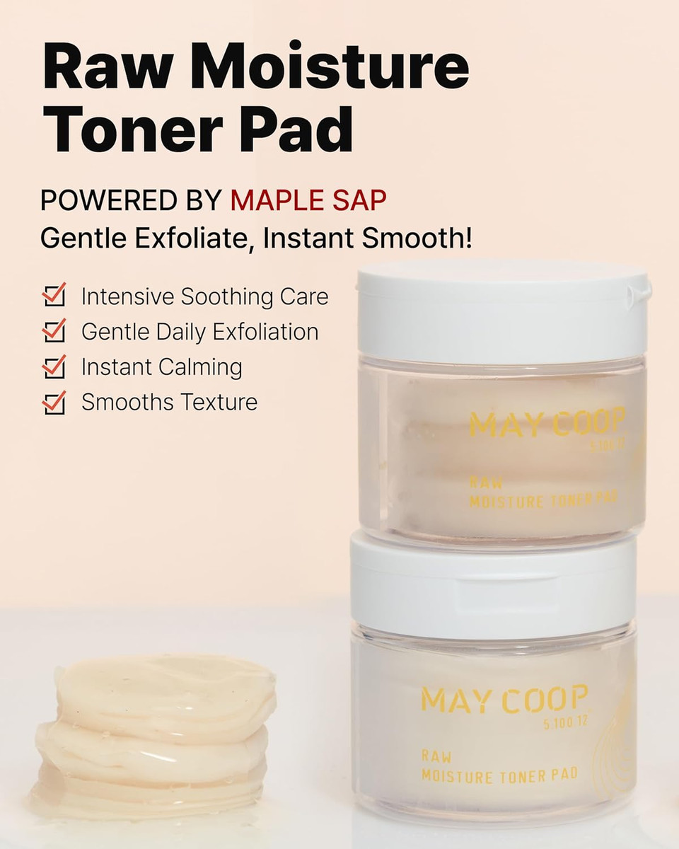 May Coop Raw Moisture Korean Toner Pad  Redness Relief, Hydrating, Exfoliating Cotton Pads With 75% Maple Sap For Skin Balancing & Smoother Texture, 70 Pads