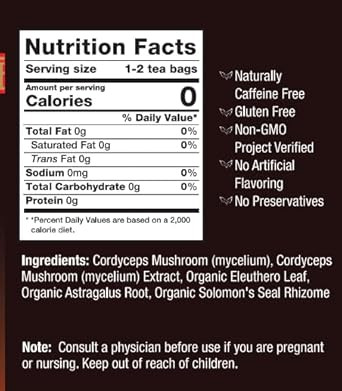 Bravo Tea Cordyceps Mushroom Herbal Tea, Caffeine Free 20 Tea Bags