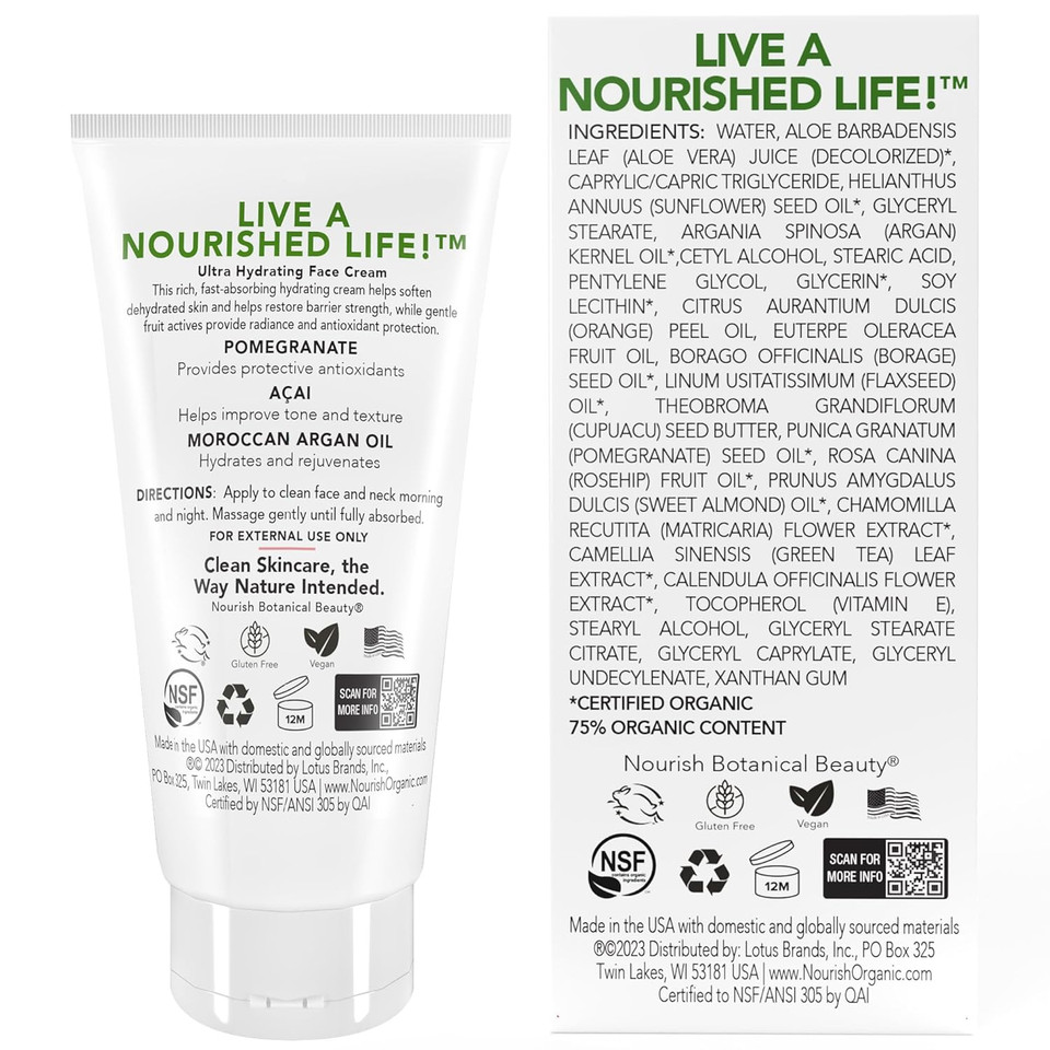 Nourish Organic Face Cream, Pomegranate Acai + Argan  Ultra Hydrating Formula With Aloe Vera & Green Tea Extract, 1.7 Oz + Washable Cotton Round