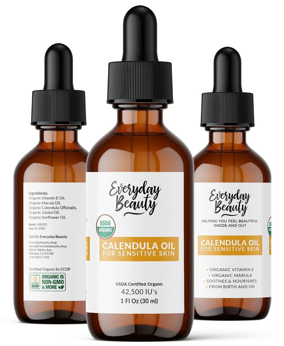Organic Calendula Oil For Sensitive Skin -Bulk 8 Fl Oz- Usda Organic Certified 100% All Natural Plant Based, Lightweight & Unscented Gentle Soothing Oil For Sensitive Skin - For Face, Skin & All Over