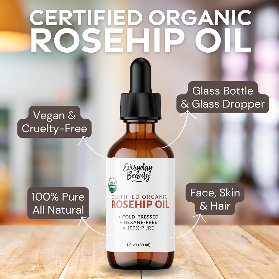 Organic Rosehip Seed Oil | 100% Pure, Cold-Pressed, Unrefined | Usda Certified Organic | Amber Glass Bottle With Glass Dropper | For Face, Skin & Hair - 1 Fl Oz
