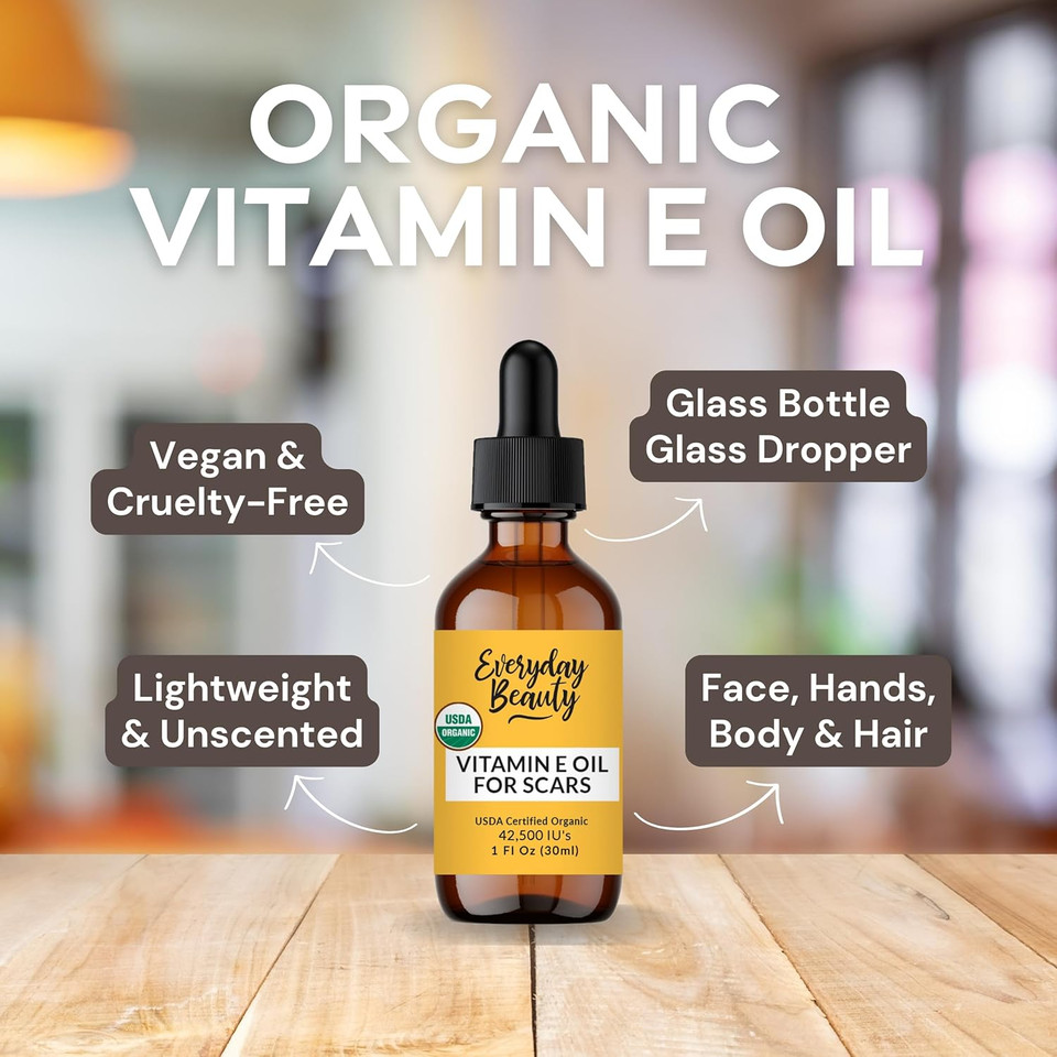Organic Vitamin E Oil - Heavenly Rose Scented Usda Certified 100% All Natural Plant Based 2Oz - Lightweight & Great For Scars After Surgery - For Face, Skin And Nails - Reduce Wrinkles, Anti Aging