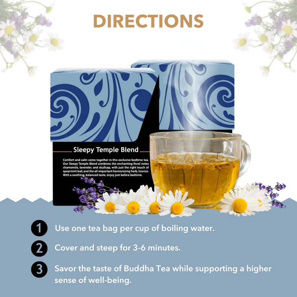 Buddha Teas - Sleepy Temple Blend - Organic Herbal Tea - For Health & Wellbeing - Blend Of Herbs & Flowers - Clean Ingredients - Caffeine Free - Ou Kosher & Organic - Non-Gmo - 18 Bleach-Free Tea Bags
