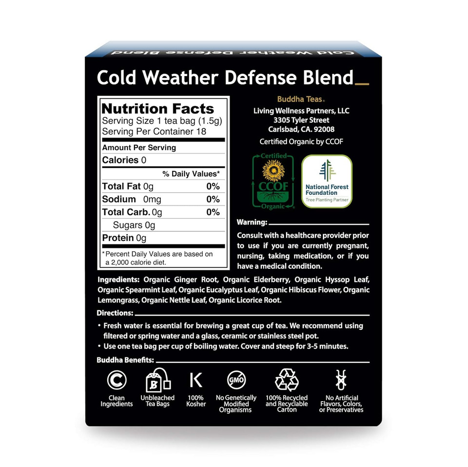 Buddha Teas Organic Cold Weather Defense Blend - Ou Kosher, Usda Organic, Ccof Organic, 18 Bleach-Free Tea Bag