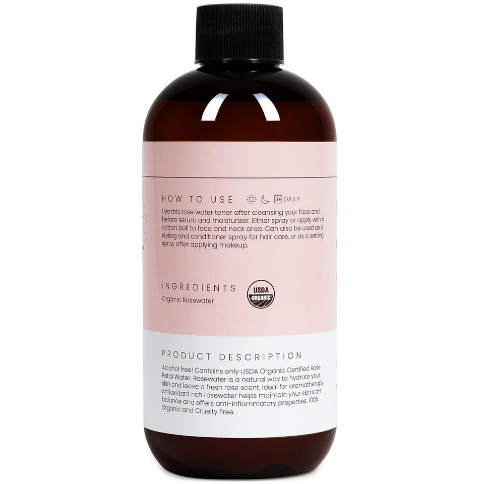 Rose Water Spray For Face & Hair (Refill) - Organic Usda Certified Rosewater Facial Toner - Alcohol-Free Makeup Setting Hydrating Face Mist - Anti-Aging Toner Spray - 8 Fl Oz