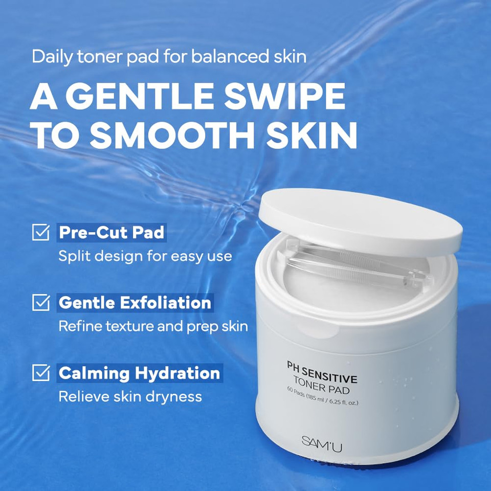 SamU Ph Sensitive Toner Pad  Splitable Dual-Textured Vegan Facial Exfoliating Pads With Hyaluronic Acid & Panthenol For Daily Hydration & Soothing - Korean Skin Care (60 Pads)