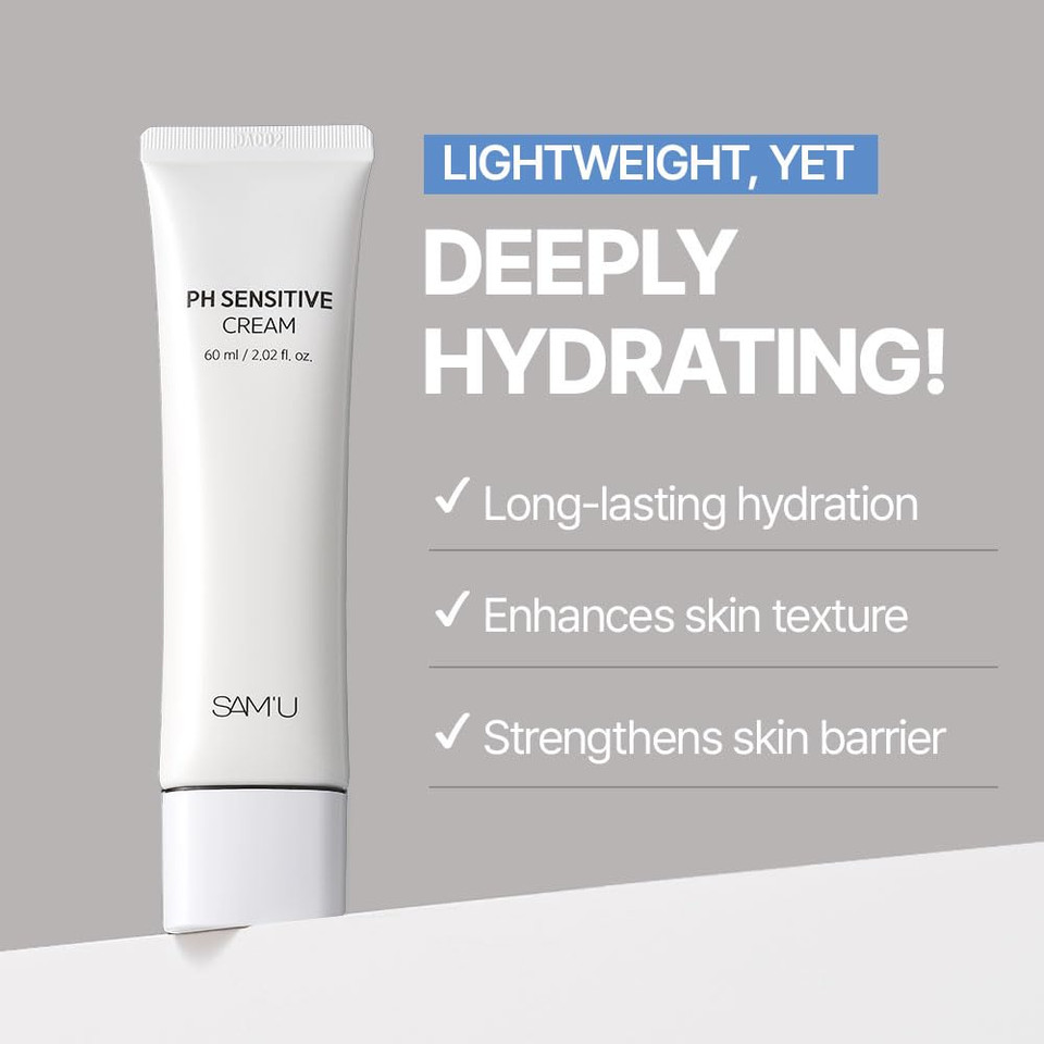 Sam'U Ph Sensitive Cream Face Moisturizer With Ceramide, Hyaluronic Acid & Allantoin & Centella, Long-Lasting Hydration, Quick Absorbing Formula, Hypoallergenic Korean Skin Care 2.02 Fl Oz