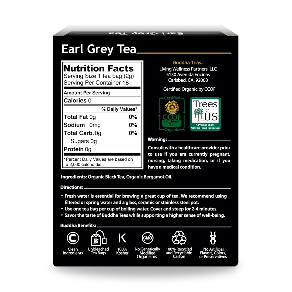 Buddha Teas Organic Earl Grey Tea - Ou Kosher, Usda Organic, Ccof Organic, 18 Bleach-Free Tea Bags