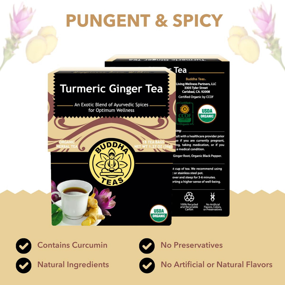 Buddha Teas Organic Turmeric Ginger Tea - Ou Kosher, Usda Organic, Ccof Organic, 18 Bleach-Free Tea Bags (Pack Of 3)