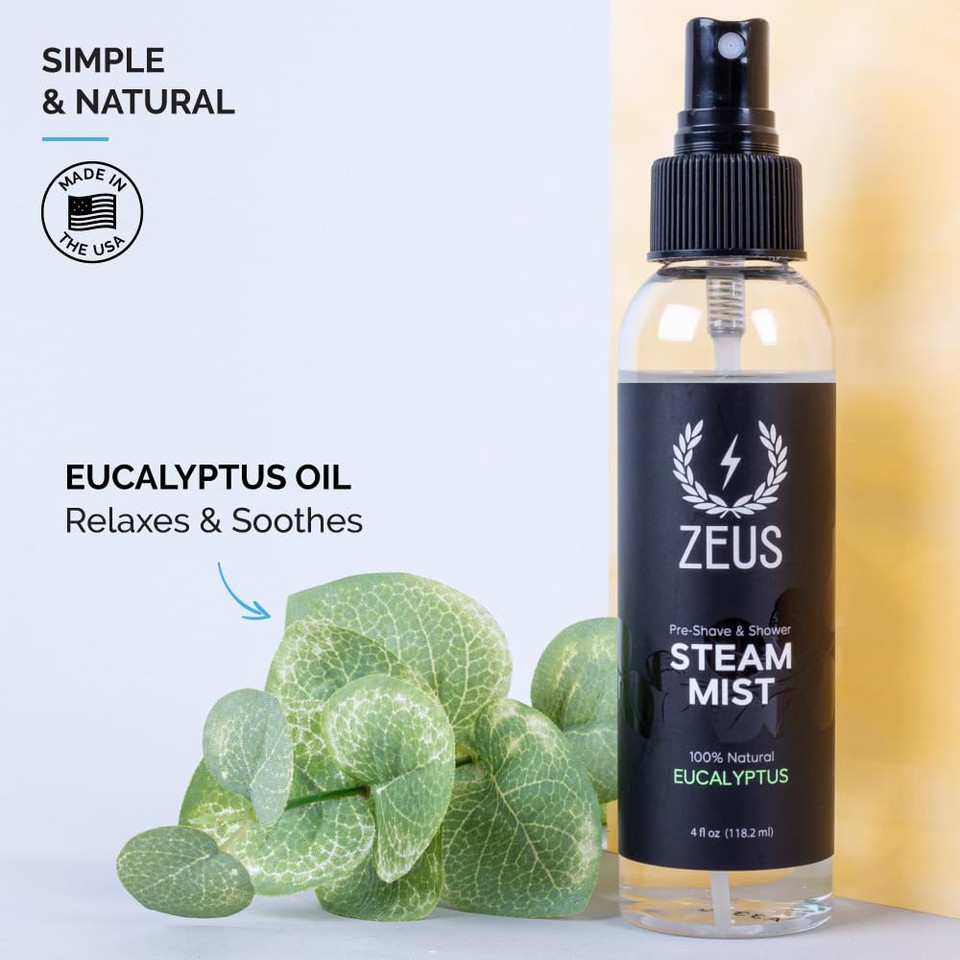 Zeus 100% Natural Eucalyptus Oil Steam Mist, Aromatherapy Spray For Shower, Sauna, Bath & Pre-Shave, Nasal Relief & Spa-Inspired Refreshment (Made In Usa) 4 Oz Zeus 100% Natural Eucalyptus Oil Steam Mist, Aromatherapy Spray For Shower, Sauna, Bath & Pre-Shave, Nasal Relief & Spa-Inspired Refreshment (Made In Usa) 4 Oz