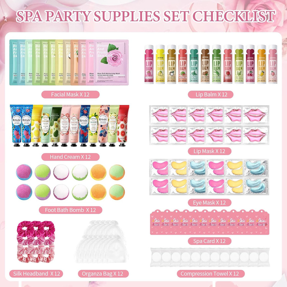 120 Pcs Spa Party Supplies For Girls, Spa Party Favors Include Face Masks Skincare, Hand Cream, Lip Balm, Under Eye Patches, Lip Mask, Foot Bath Bombs, Bulk Birthday Sleepover Party Supplies For Women