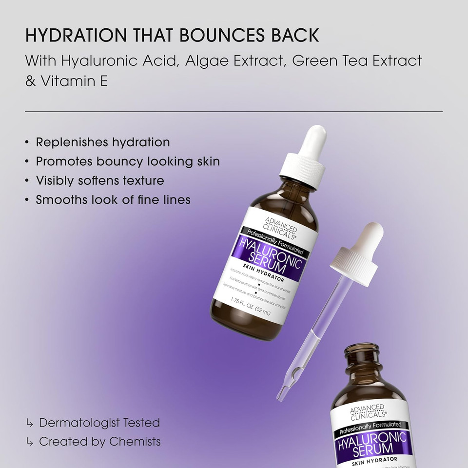 Advanced Clinicals Hyaluronic Acid Serum For Face | Moisturizing Facial Skin Care Products | Hydrating Serum For Face Helps Improve Look Of Wrinkles, Fine Lines, & Uneven Dry Skin Texture, 1.75 Fl Oz