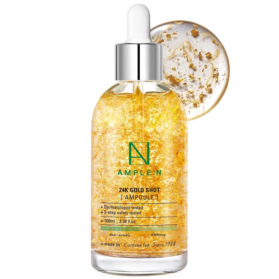 Ample:N 24K Gold Shot Serum - Korean 24K Gold Anti Aging Serum  Erasing Wrinkles And Fine Lines With Collagen & Peptides  Evens Skin Tone For Dull And Saggy Skin - 3.38 Fl.Oz