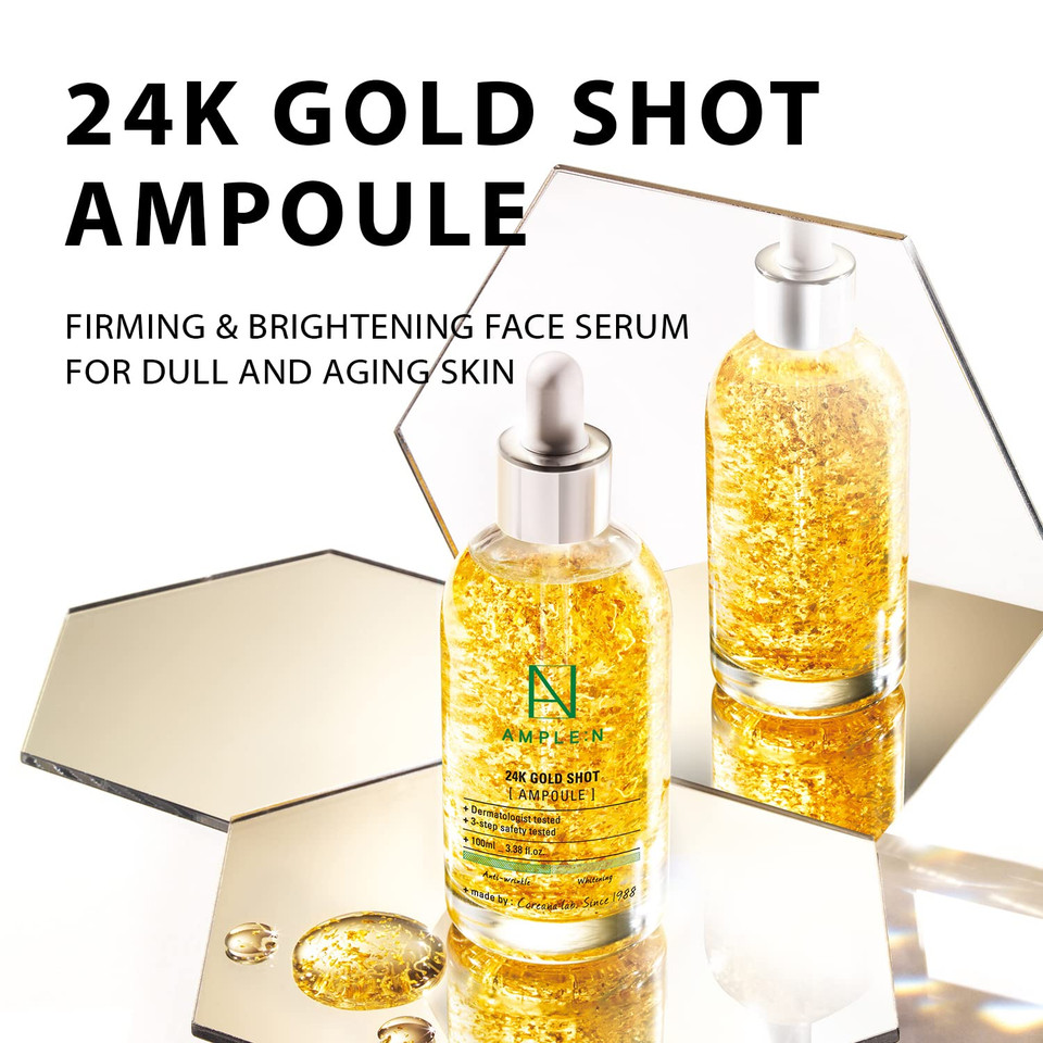 Ample:N 24K Gold Shot Serum - Korean 24K Gold Anti Aging Serum  Erasing Wrinkles And Fine Lines With Collagen & Peptides  Evens Skin Tone For Dull And Saggy Skin - 3.38 Fl.Oz