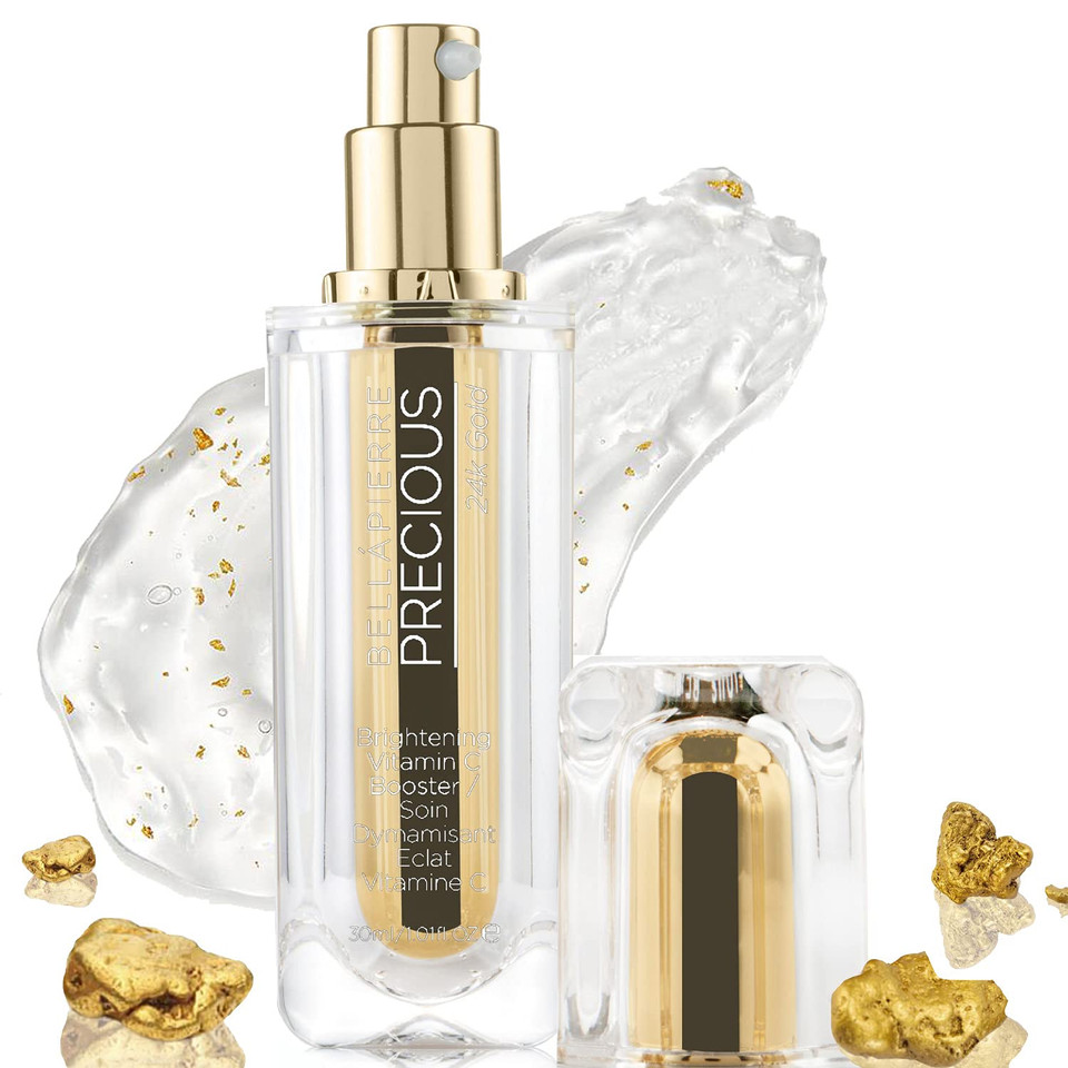 Bellapierre Precious 24K Gold Serum & Brightening Vitamin C Booster For Face & Eyes | All Natural Formula With Caffeine To Brighten & Rejuvenate Dull Skin - 30Ml