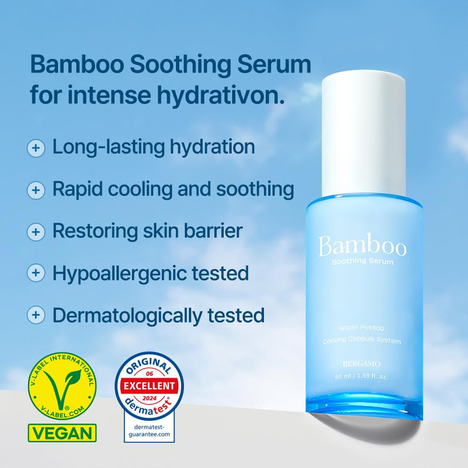 Bergamo Bamboo Soothing Face Serum For Sensitive Skin - Hydrating Face Moisturizer, Lightweight Facial Serum, Vegan Skin Care, Hypoallergenic & Fragrance-Free, Korean Skin Care, 1.69Fl.Oz, 50Ml