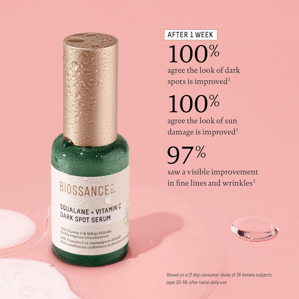 Biossance Squalane + Vitamin C Dark Spot Face Serum  10% Vitamin C Serum & White Shiitake  Hydrating, Fragrance-Free, Non-Irritating, For Daily Use For All Skin Types