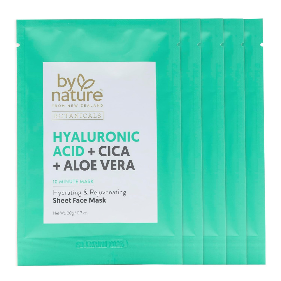 By Nature Face Mask With Hyaluronic Acid, Cica, And Aloe Vera - 5 Sheet Masks - Hydrating And Rejuvenating Skincare Set By Nature Face Mask With Hyaluronic Acid, Cica, And Aloe Vera - 5 Sheet Masks - Hydrating And Rejuvenating Skincare Set