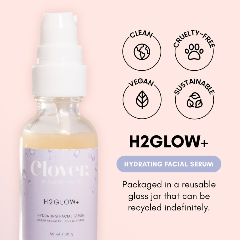 Clover H2Glow+ Hydrating Antioxidant Serum | Deep Moisturizing Anti-Aging Facial Serum | Hydrate Layers Of Dry Skin, Plump, And Smooth Fine Lines | Cruelty-Free & Vegan - 30Ml