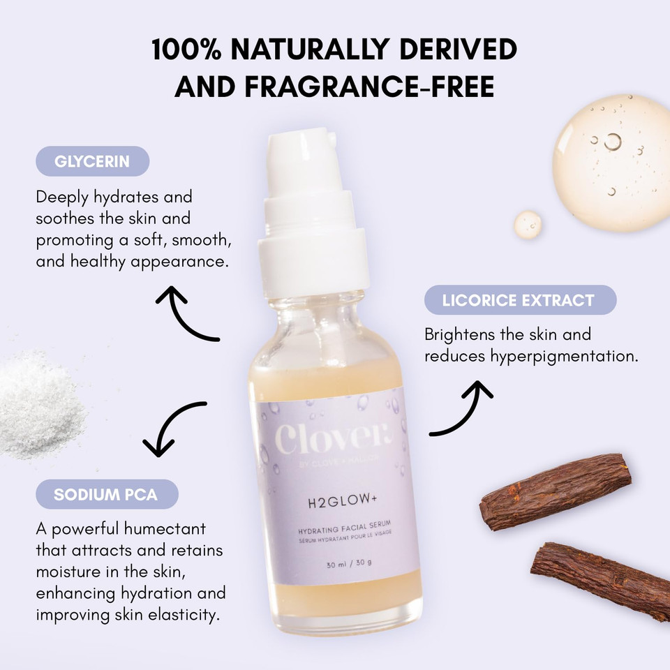 Clover H2Glow+ Hydrating Antioxidant Serum | Deep Moisturizing Anti-Aging Facial Serum | Hydrate Layers Of Dry Skin, Plump, And Smooth Fine Lines | Cruelty-Free & Vegan - 30Ml