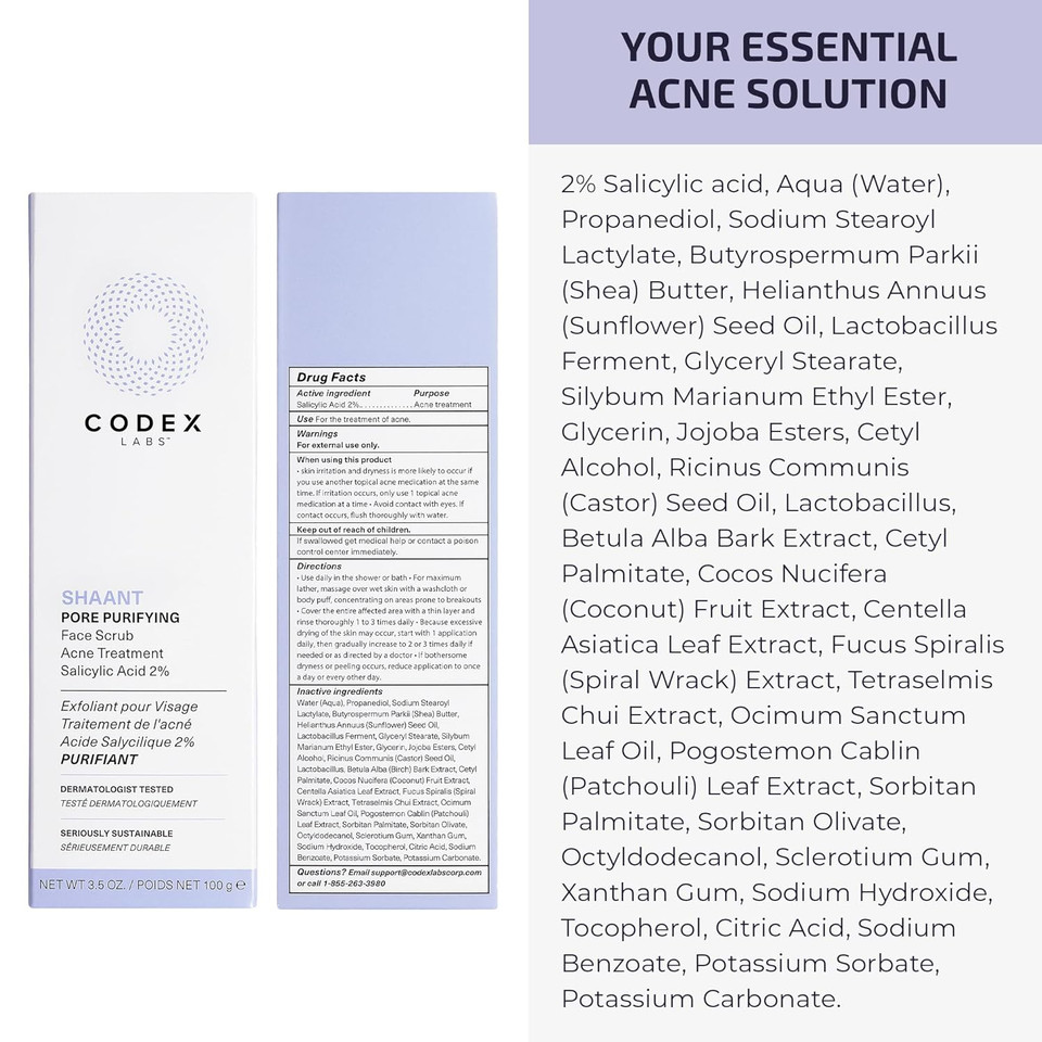 Codex Labs Shaant Pore Purifying Face Scrub - Oil Control Pore Minimizer Exfoliator - For Acne Prone, Oily Skin, All Skin Types - With 2% Salicylic Acid - Cruelty-Free, Vegan Skincare (100G) Codex Labs Shaant Pore Purifying Face Scrub - Oil Control Pore Minimizer Exfoliator - For Acne Prone, Oily Skin, All Skin Types - With 2% Salicylic Acid - Cruelty-Free, Vegan Skincare (100G)