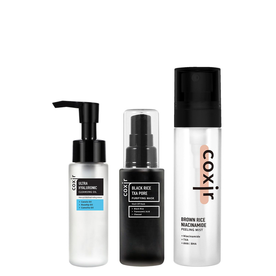 Coxir Ultra Hyaluronic Cleansing Oil 1.69 Fl.Oz + Black Rice Txa Pore Mask 1.69 Fl.Oz + Brown Rice Niacinamide Peeling Mist 2.70 Fl.Oz