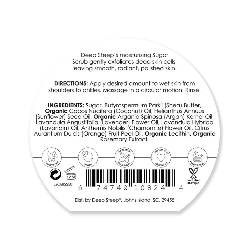 Deep Steep Sugar Scrub, Lavender Chamomile, 8 Oz  Exfoliating Body Scrub With Organic Coconut Oil, Shea Butter & Argan Oil  Vegan, Clean Beauty, Smooth, Soft & Nourished Skin
