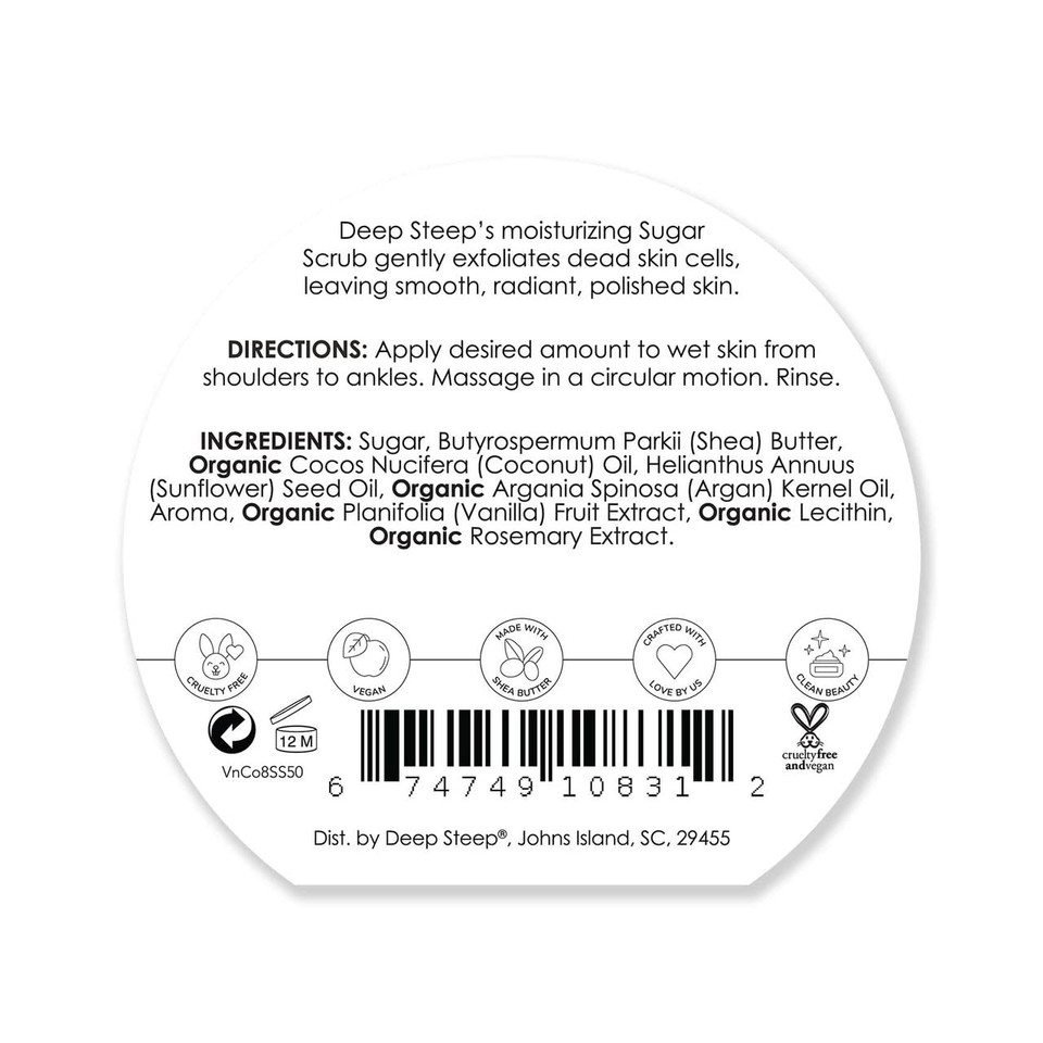 Deep Steep Sugar Scrub, Vanilla Coconut, 8 Oz  Exfoliating Body Scrub With Organic Coconut Oil, Shea Butter & Argan Oil  Vegan, Clean Beauty, Smooth, Soft & Nourished Skin