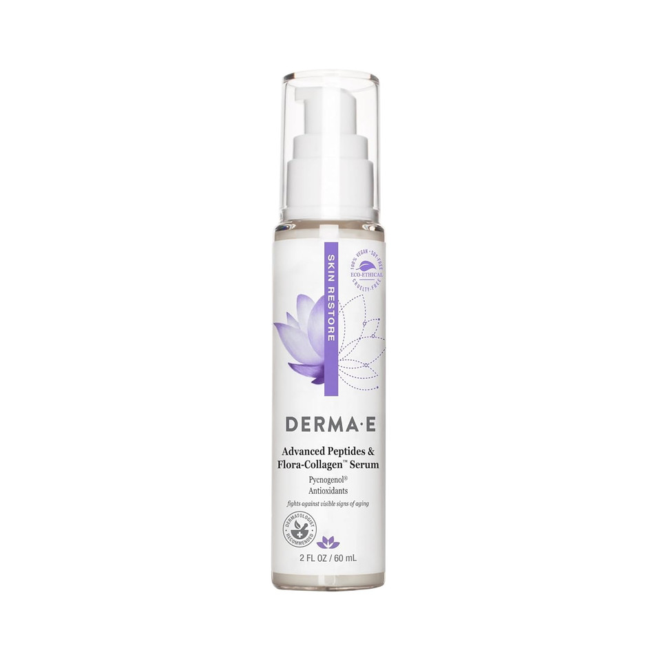 Derma E Advanced Peptides And Vegan Flora-Collagen Serum  Double Action Collagen Face Cream With Peptide Complex  Intensely Hydrating Serum For Lines, Wrinkles And Redness, 2 Oz