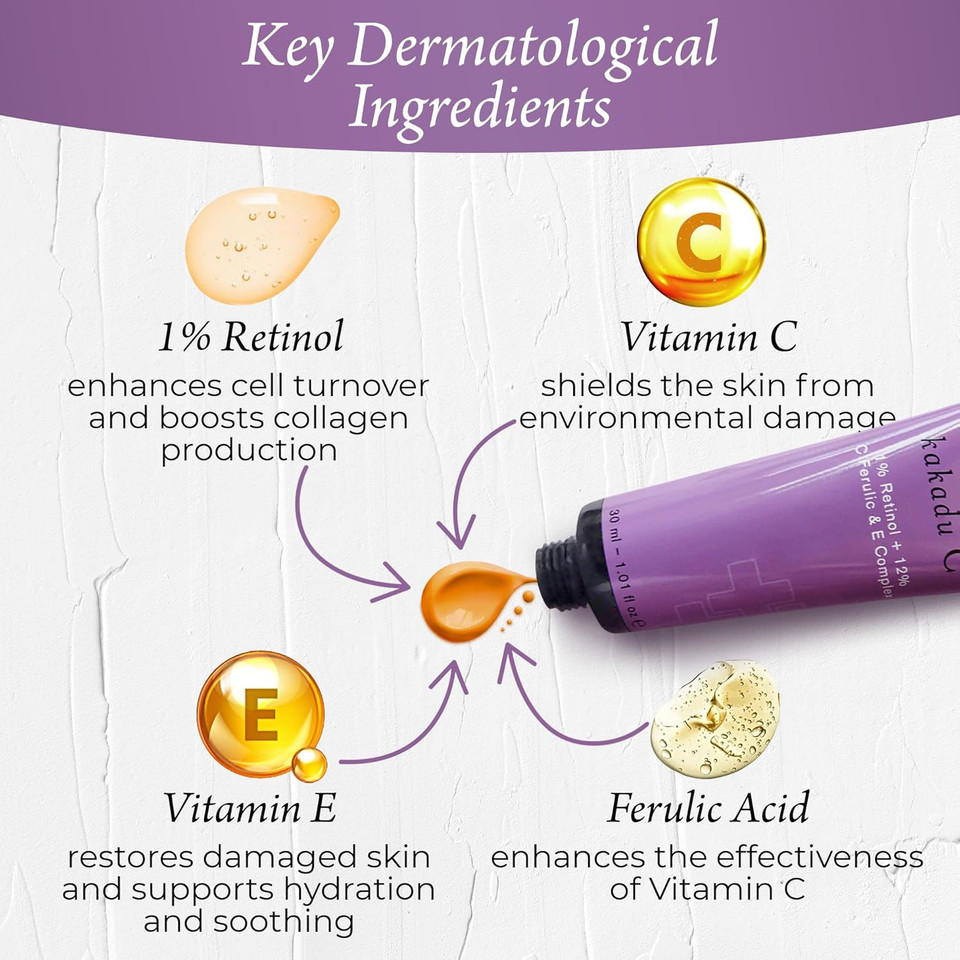 Dermadoctor Kakadu C Dermatologist Formulated 1% Retinol Cream + Vitamin C, E Ferulic Complex, Anti Aging Face Cream To Brighten, Smooth And Firm. Hyperpigmentation Treatment For Face - 1.01 Fl Oz