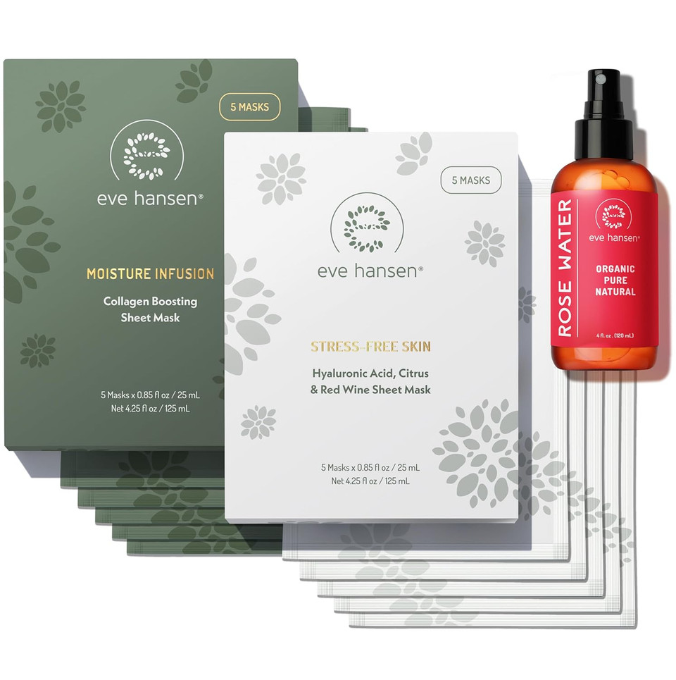 Eve Hansen Skincare Set: Rose Water Spray 4 Oz, Collagen & Hyaluronic Face Mask Sheets 5X2 Hydrating, Soothing Care For All Skin Types  Set Of 3 Products Eve Hansen Skincare Set: Rose Water Spray 4 Oz, Collagen & Hyaluronic Face Mask Sheets 5X2 Hydrating, Soothing Care For All Skin Types  Set Of 3 Products