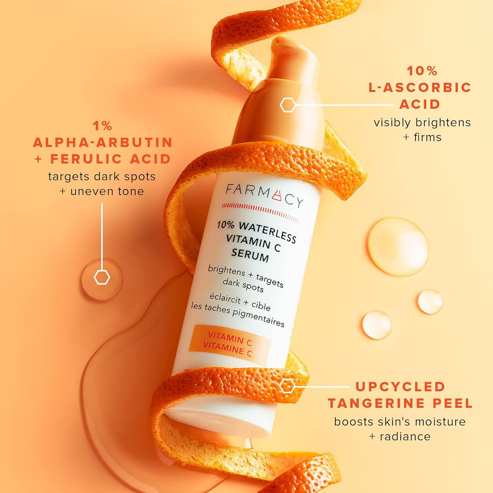 Farmacy 10% Vitamin C Face Serum - Waterless Vitamin C Skin Care Serum To Brighten, Firm + Smooth Skin Texture - Enriched With Upcycled Tangerine Peel To Boost Skin'S Moisture + Radiance (30Ml)