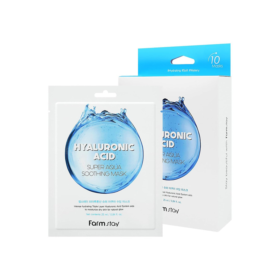 Farmstay Hyaluronic Acid Super Aqua Soothing Mask - Deep Hydration & Skin Calming Sheet Mask With Hyaluronic Acid - Moisturizing Care For All Skin Types, 0.84 Fl.Oz*10 Sheets