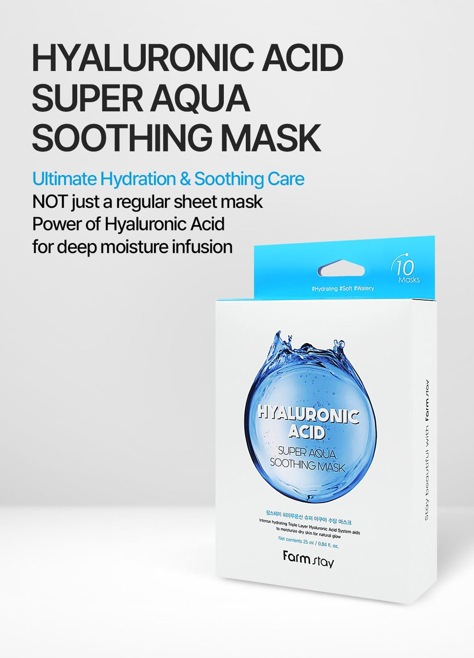 Farmstay Hyaluronic Acid Super Aqua Soothing Mask - Deep Hydration & Skin Calming Sheet Mask With Hyaluronic Acid - Moisturizing Care For All Skin Types, 0.84 Fl.Oz*10 Sheets