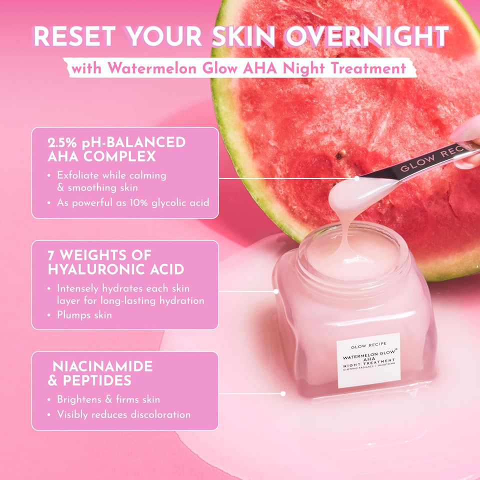 Glow Recipe Watermelon Glow Aha Night Treatment - Overnight Resurfacing Mask With Aha Complex, Hyaluronic Acid, Niacinamide & Watermelon Enzymes For Smooth, Glowing, Even-Toned Skin (60Ml)