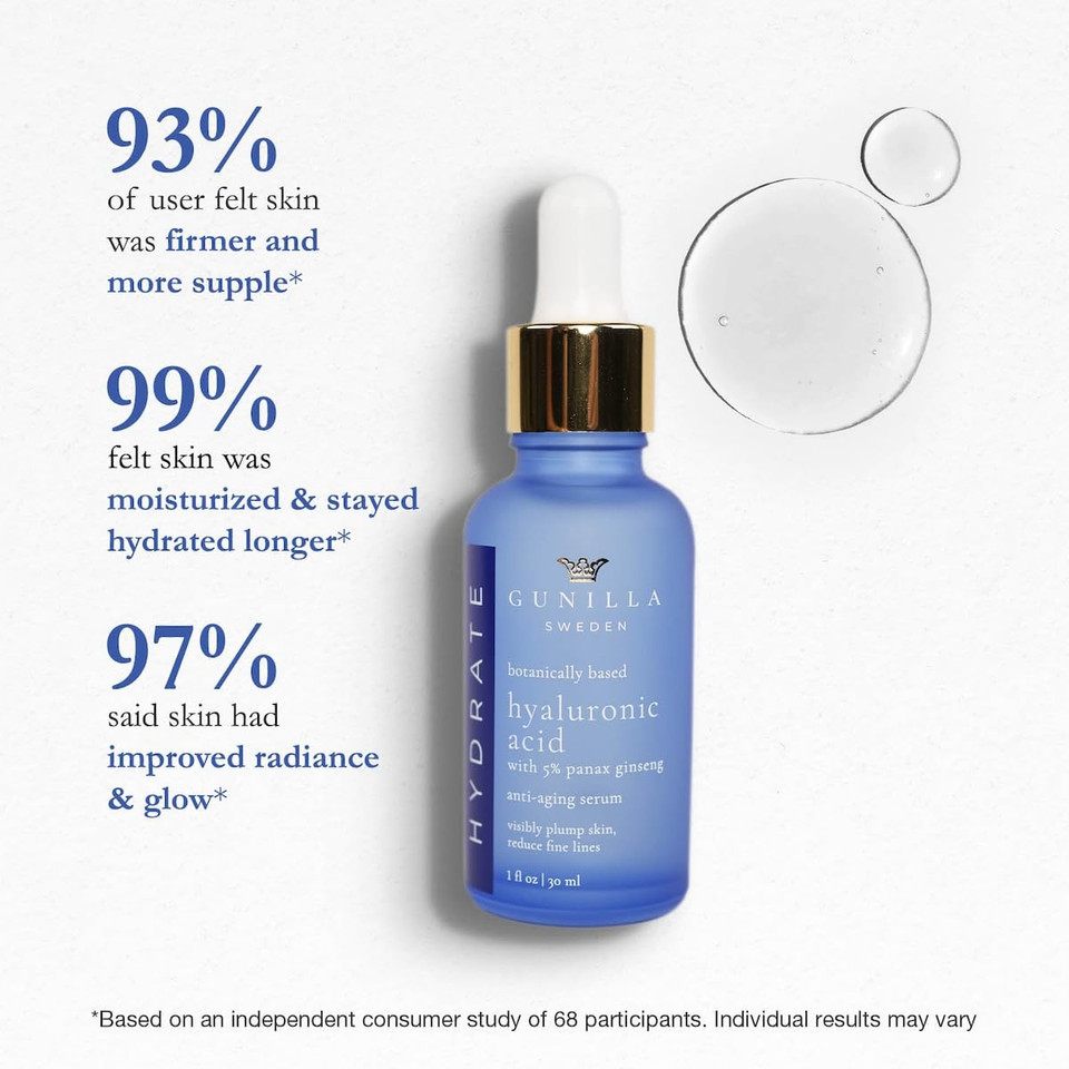 Gunilla Hyaluronic Acid & Ginseng Serum: Vegan. Plant-Based Anti-Aging Serum, Plumping, Firming & Hydrating, Reduce The Appearance Of Wrinkles. 14 Actives & Herbals. Natural. Oil-Free. 1 Oz