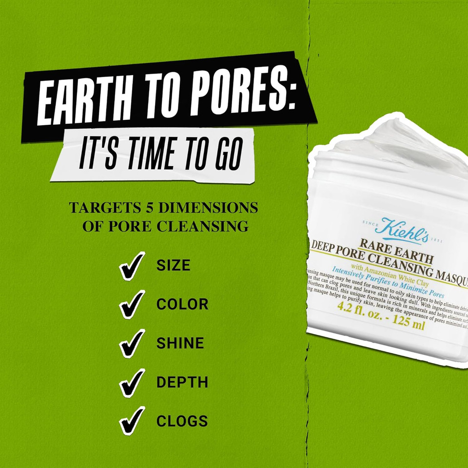 Kiehl'S Rare Earth Deep Pore Cleansing Mask, Oil-Minimizing Face Mask For Clogged Pores, Detoxifies & Refines Skin, Absorbs Excess Oil, With Amazonian White Clay & Aloe Vera