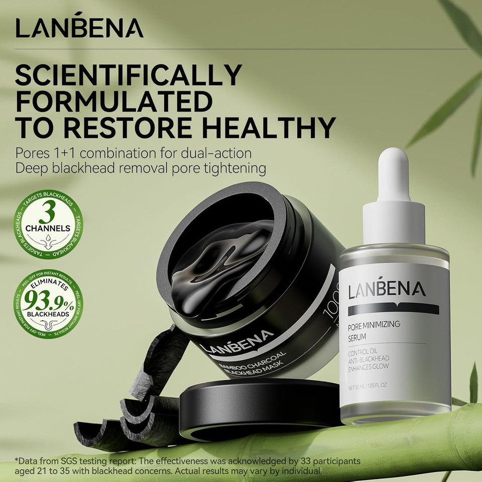 Lanbena 3-In-1 Blackhead Removal Set - Bamboo Charcoal Pore Strips (30G), Pore Minimizing Serum (30Ml) & Removal Paper - Mask For Face, Minimizes Pores & Leaves Skin Fresh & Clean, Blackhead Remover