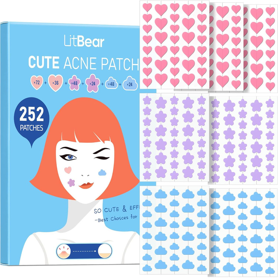 Litbear Acne Pimple Patch, 252 Dots 3 Shaped Colors Pimple Patches With Salicylic Acid, Tea Tree Oil & Calendula Oil, Hydrocolloid Acne Patch For Face, Blemish, Cute Zit Patch Pimple Sticker Acne Dots