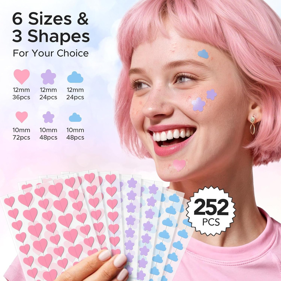 Litbear Acne Pimple Patch, 252 Dots 3 Shaped Colors Pimple Patches With Salicylic Acid, Tea Tree Oil & Calendula Oil, Hydrocolloid Acne Patch For Face, Blemish, Cute Zit Patch Pimple Sticker Acne Dots